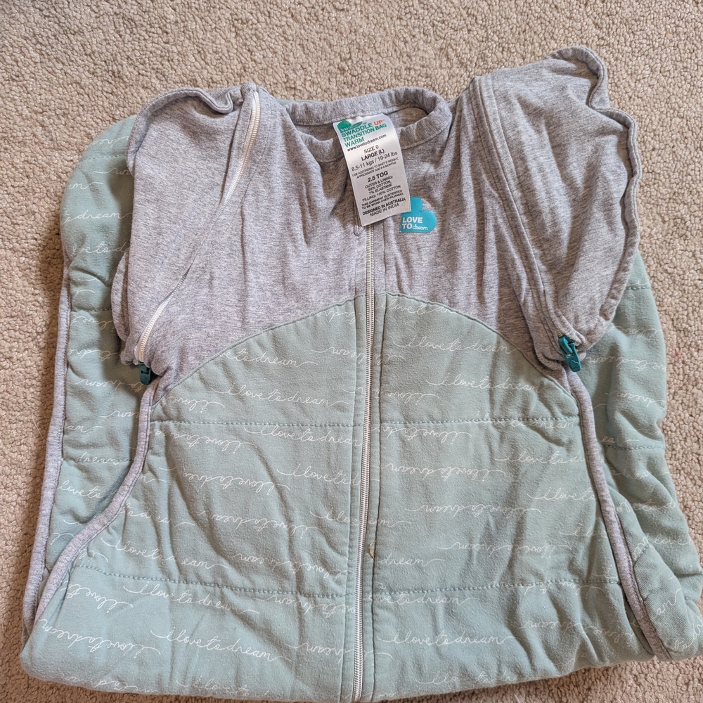 Love To Dream Two-Stage Swaddle/Sleep Bag in Mint and Heather Gray